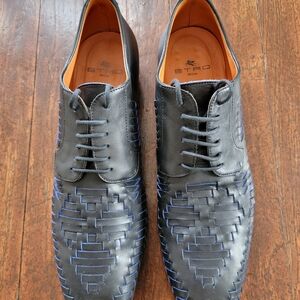 Etro Black Leather Oxfords with Blue Detailing